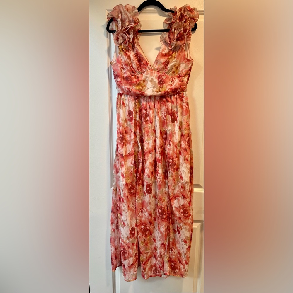 SHEIN Floral Pink Ruffle-Sleeve Maxi Dress, Women’s 6